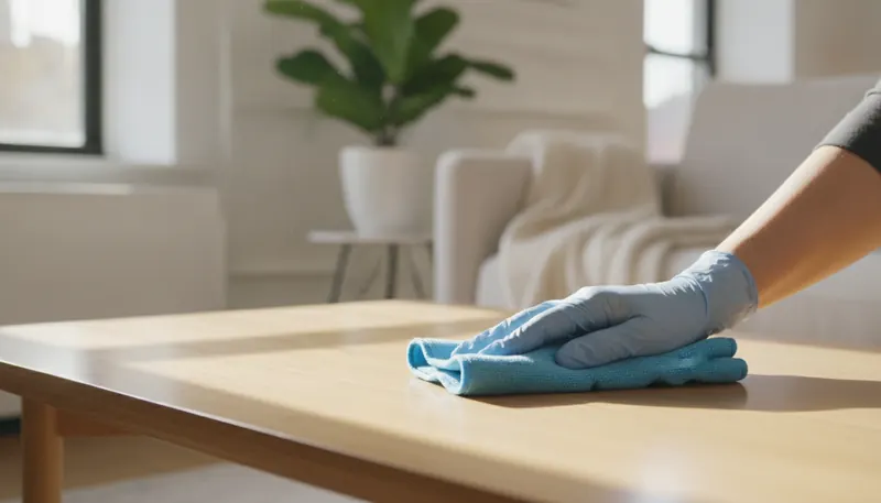 A gloved hand wiping a light wooden table