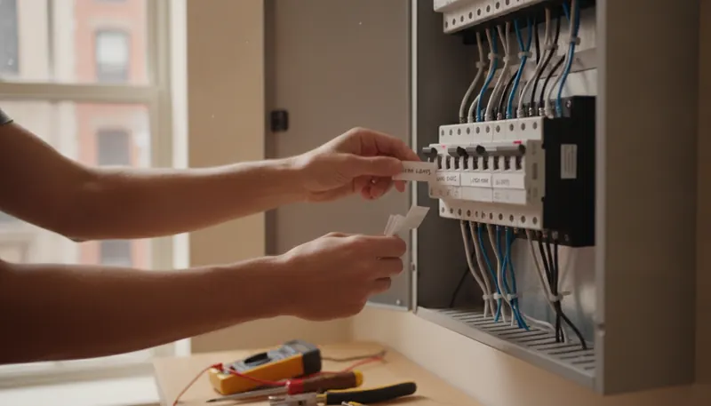 Hands labelling the breakers in an open electrical panel
