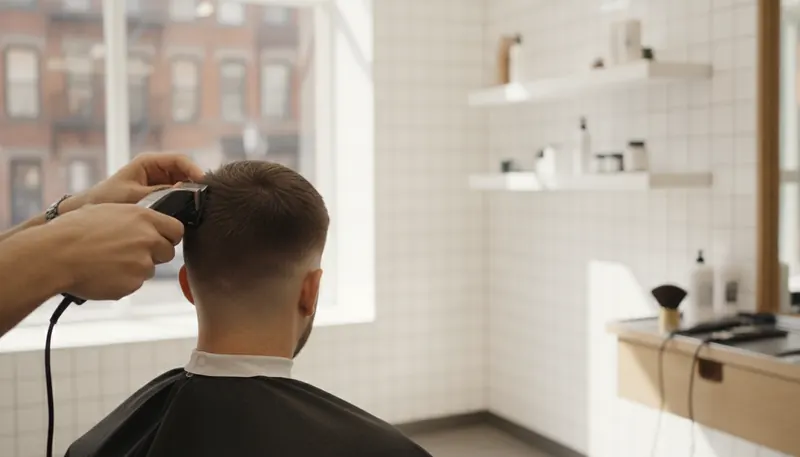 A barber’s hands with clippers on a fade, seen from behind the chair