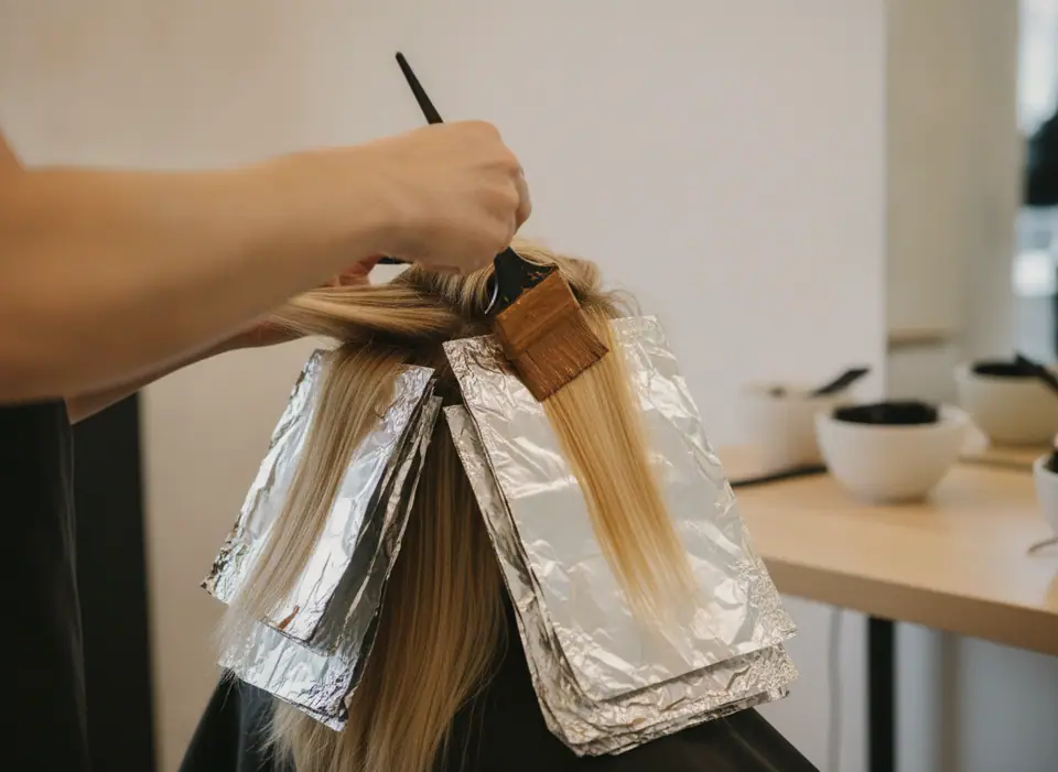 Illustration of close-up of a colourist's hands painting colour onto a section of hair laid on a foil with a tint brush, more folded foils in the hair, seen from behind, no face visible