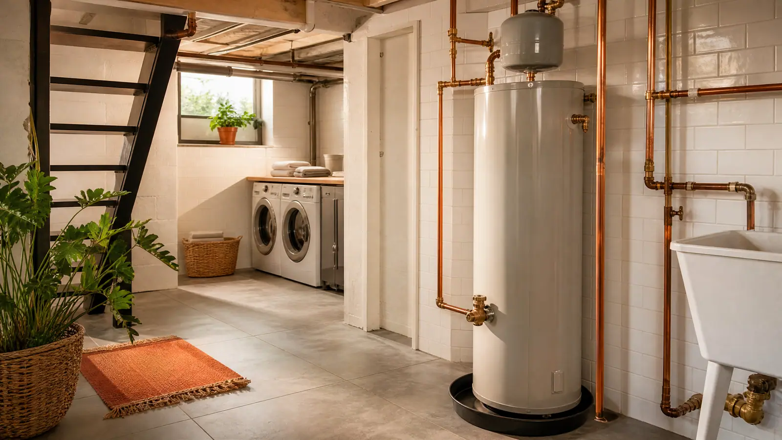 Illustration of a new tank water heater with neat copper connections and a drip pan in a bright, clean basement