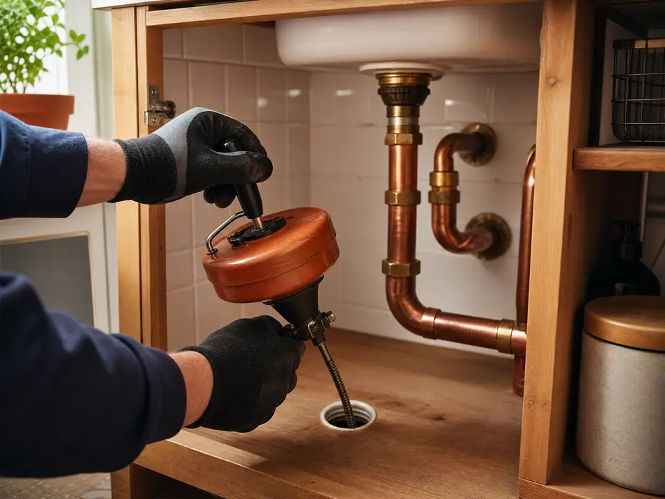 Illustration of gloved hands feeding a hand auger into a kitchen drain line, the cabinet under the sink open and tidy