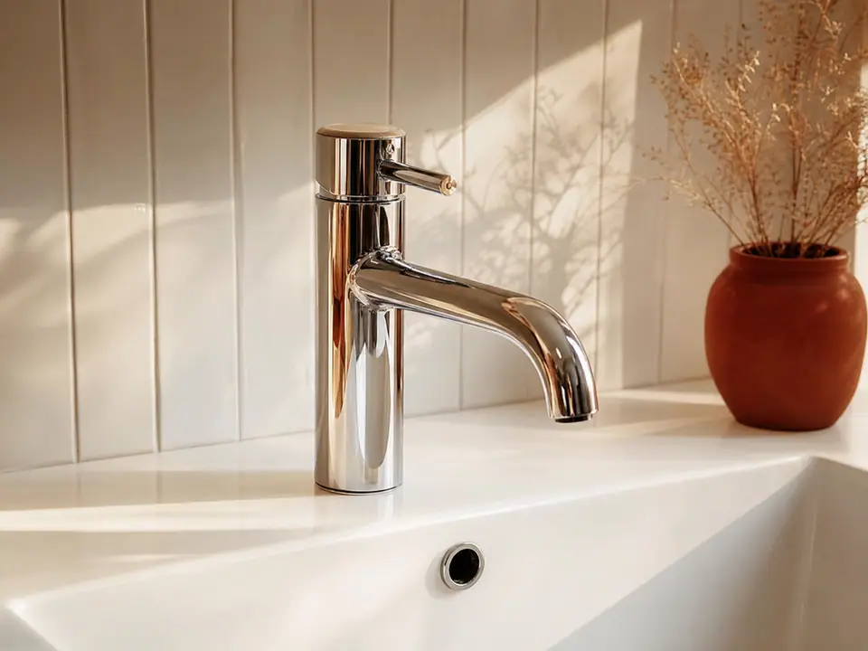 Illustration of a new chrome faucet over a white sink in a bright, freshly finished bathroom