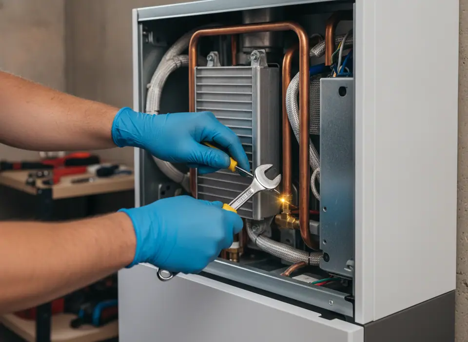 Illustration of a technician's gloved hands servicing a clean modern boiler with its front cover off, face not shown