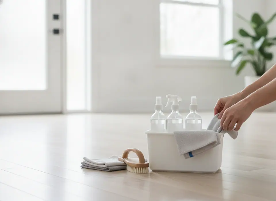 Illustration of a neat caddy of plain unlabelled spray bottles, brushes and folded plain microfibre cloths on a clean floor by a front door, no people