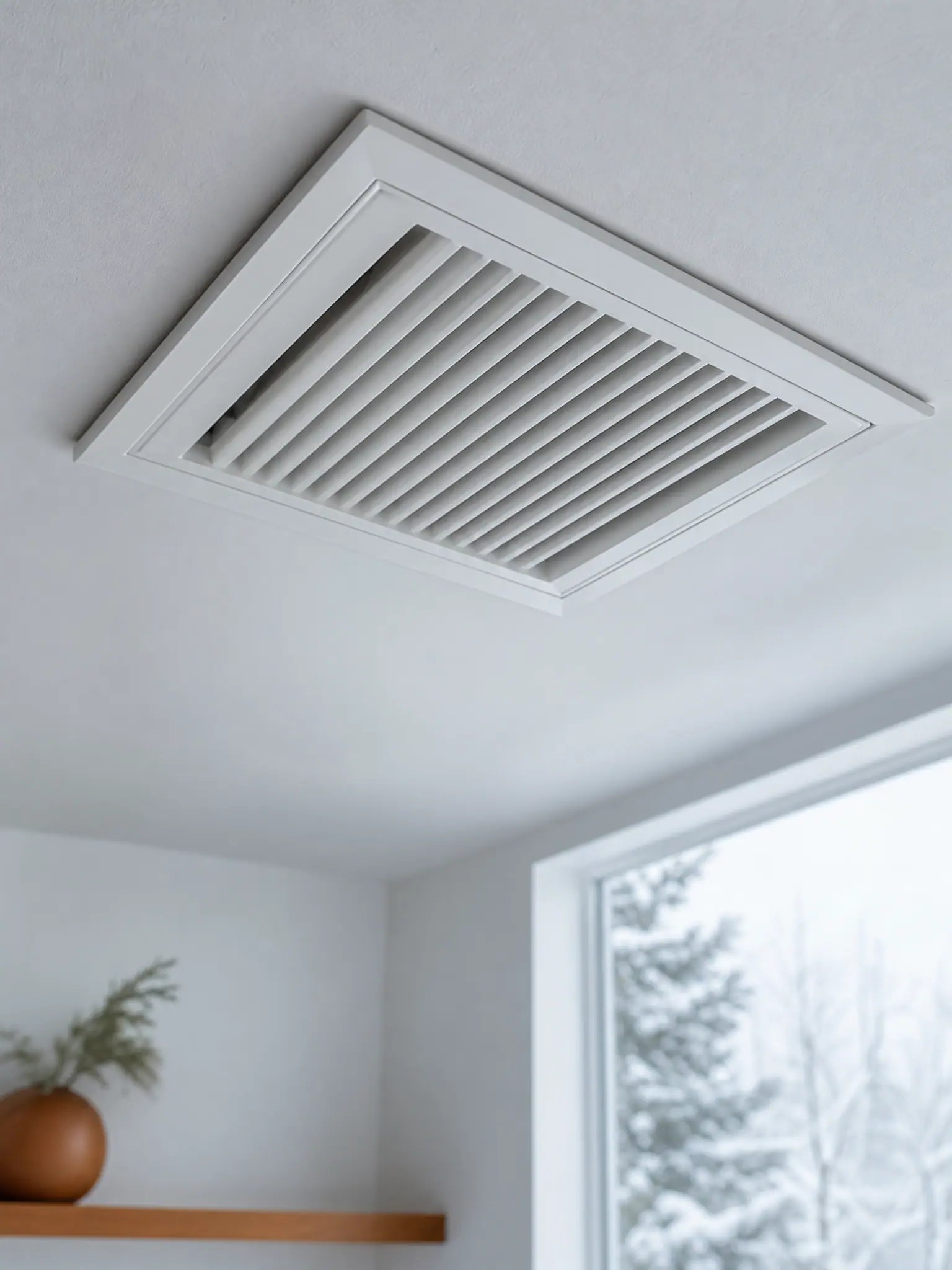 Illustration of close-up of a clean white ceiling air vent in a calm bright room, soft light, no people