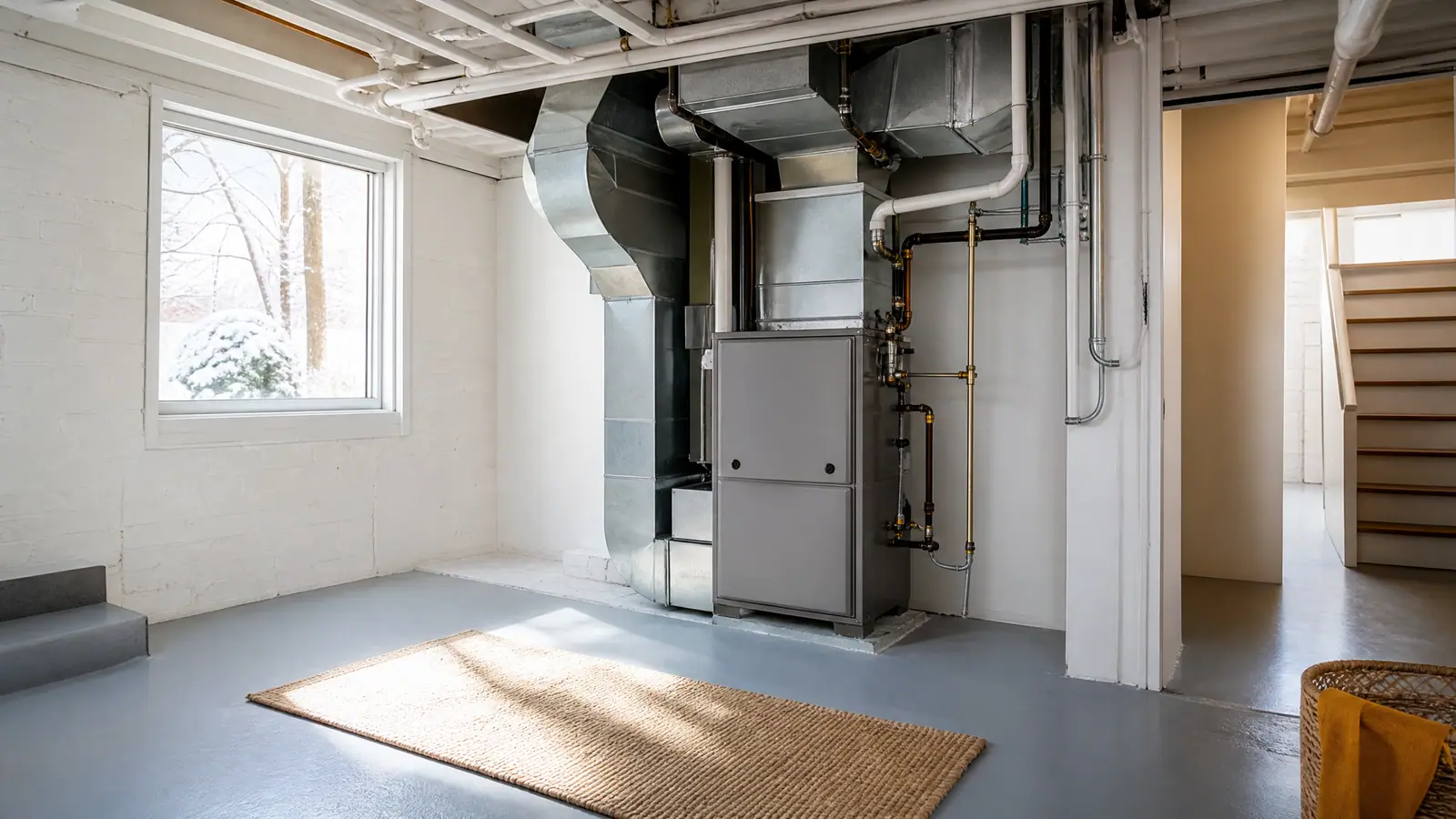 Illustration of a clean modern furnace and evaporator coil in a bright, tidy utility room, straight-on, no people