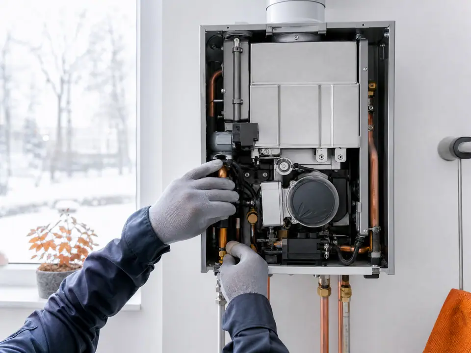 Illustration of a technician's gloved hands servicing a clean modern boiler with its front cover off, face not shown