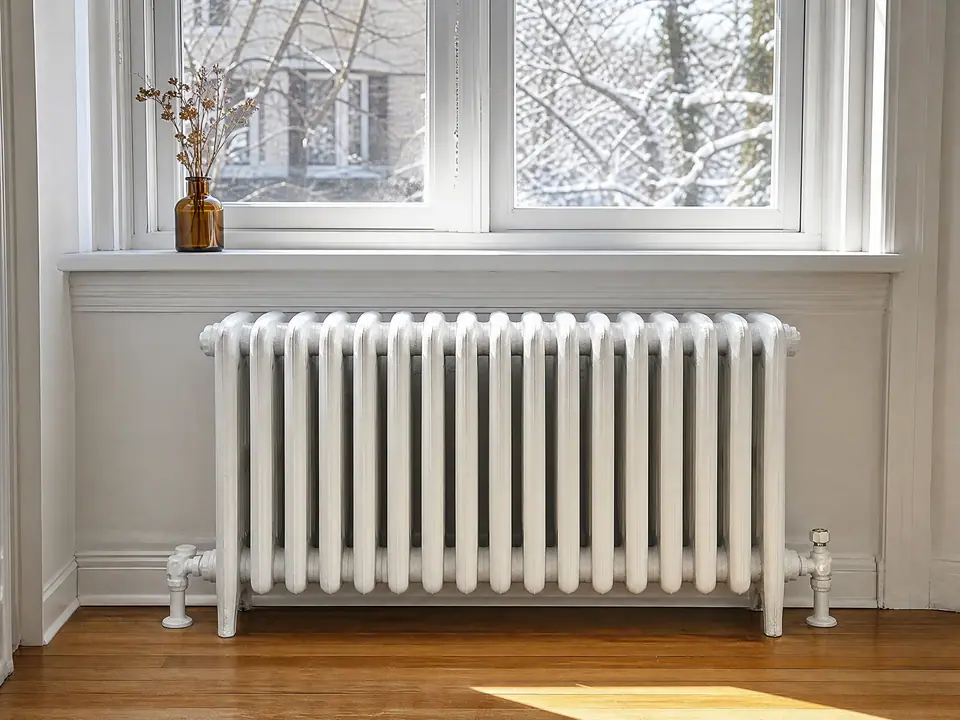 Illustration of a freshly painted cast-iron radiator under a sunny window in a pre-war apartment